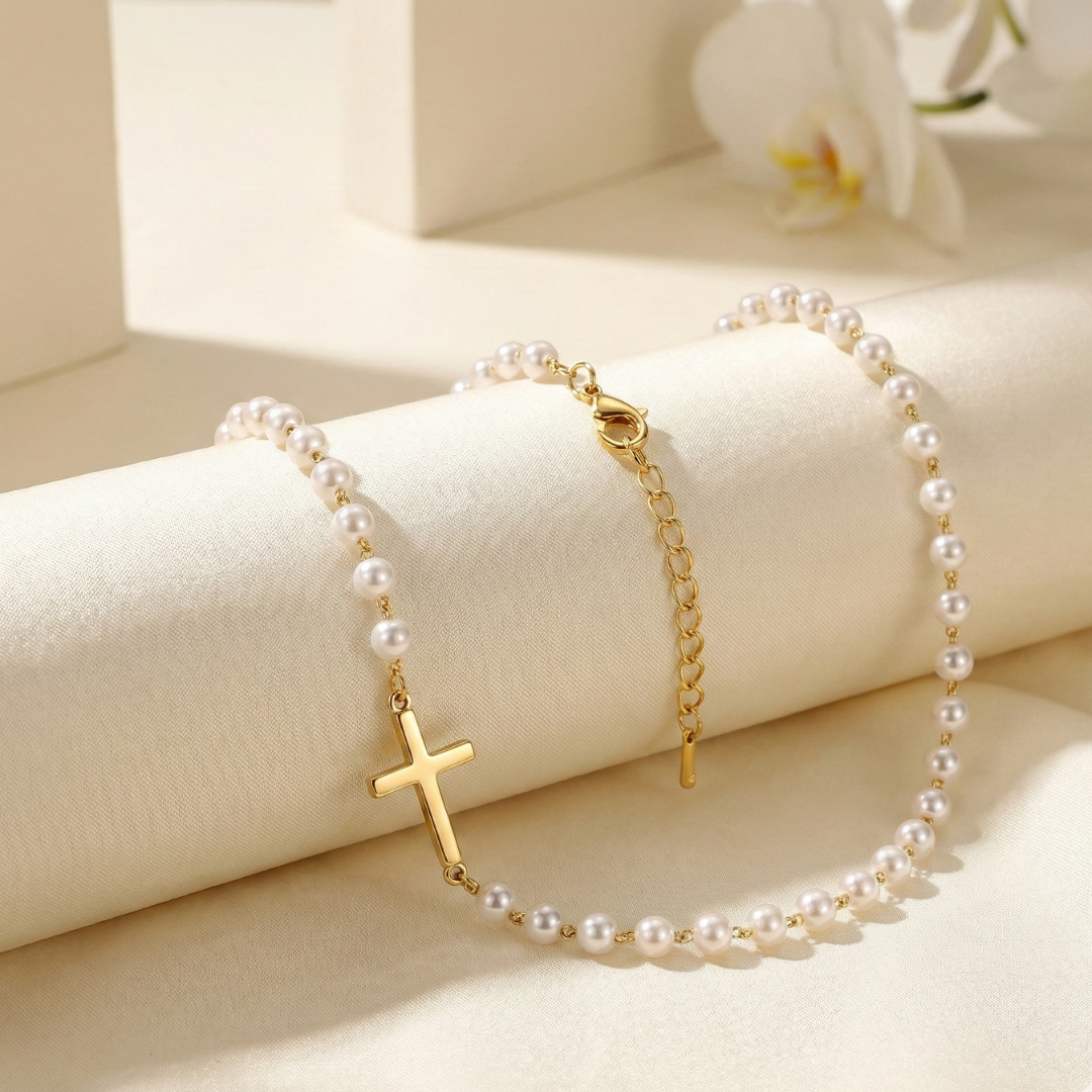 Gold Pearl Cross Necklace - The Faith Collection