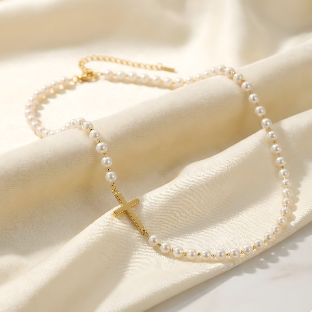 Gold Pearl Cross Necklace - The Faith Collection