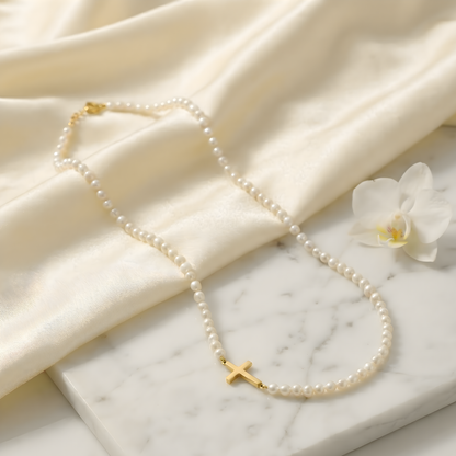 Gold Pearl Cross Necklace - The Faith Collection