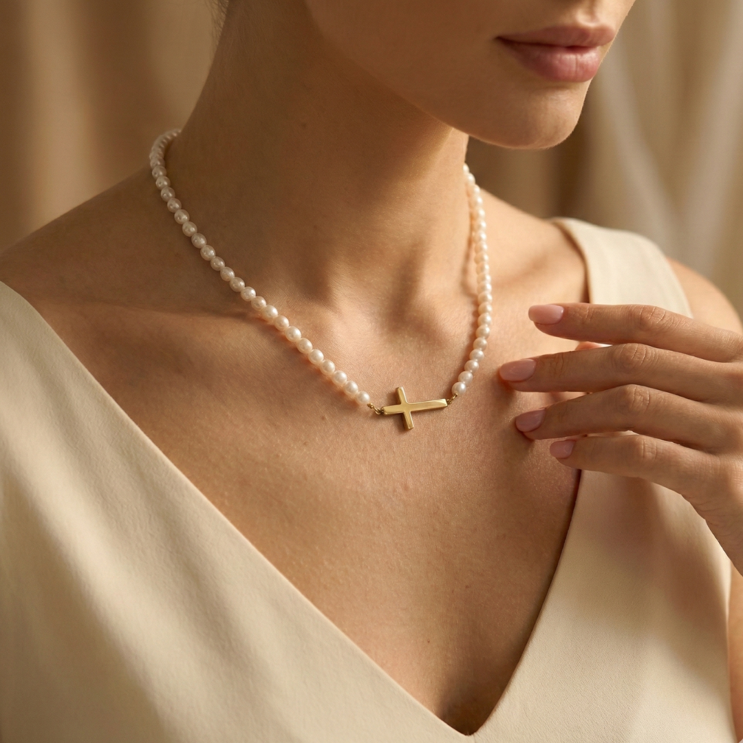 Gold Pearl Cross Necklace - The Faith Collection