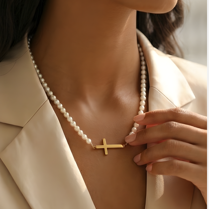 Gold Pearl Cross Necklace - The Faith Collection